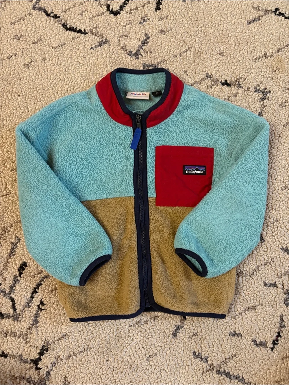 Patagonia Kids Colorblock Fleece Jacket in Aqua, Brown & Red 3t